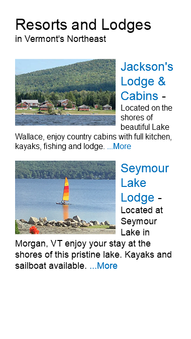 Resorts and Lodges in Vermont's Northeast ﷯Jackson's Lodge & Cabins - Located on the shores of beautiful Lake Wallace, enjoy country cabins with full kitchen, kayaks, fishing and lodge. ...More ﷯Seymour Lake Lodge - Located at Seymour Lake in Morgan, VT enjoy your stay at the shores of this pristine lake. Kayaks and sailboat available. ...More 